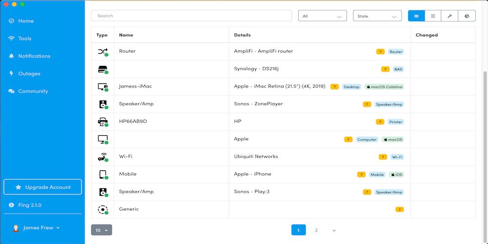 Интерфейс приложения Fing с обнаружением устройств сети