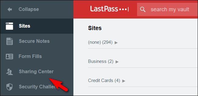 Экран управления общими папками LastPass