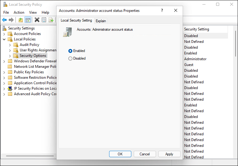 Свойства политики для учетной записи администратора
