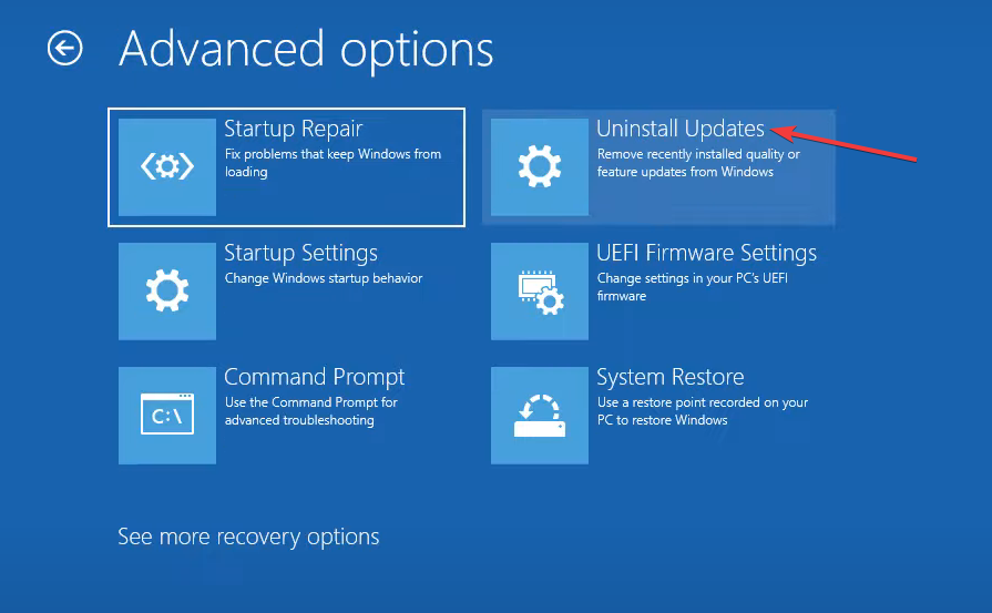 Опция Удалить обновления в среде восстановления