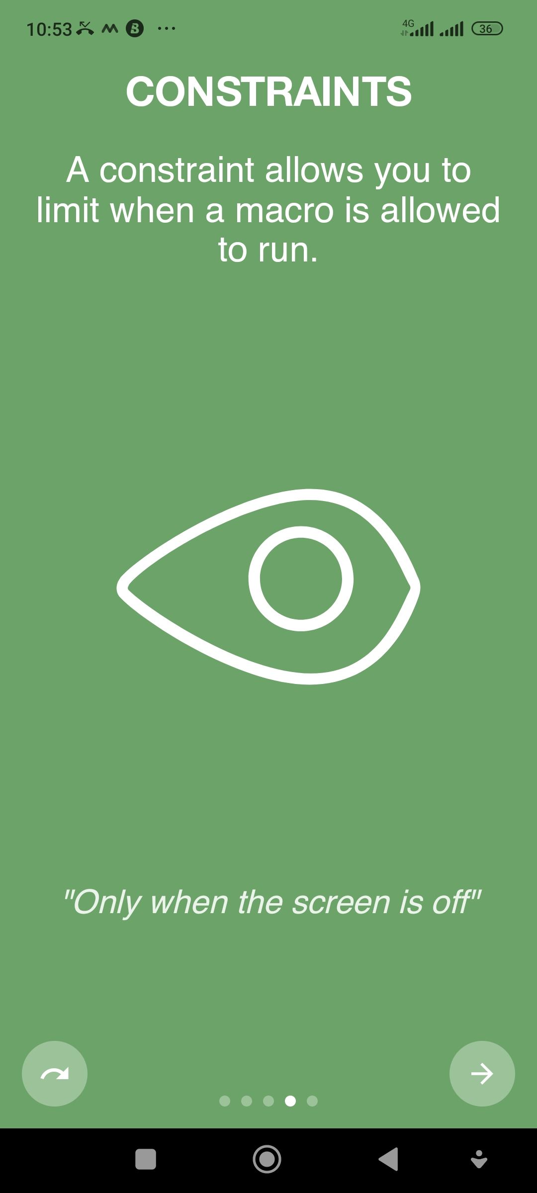 MacroDroid splash screen describing MacroDroid constraints