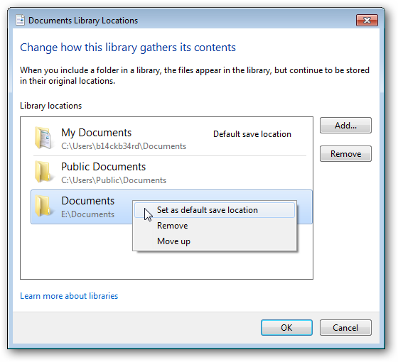 Диалог: Установка папки по умолчанию для сохранения в Библиотеках Windows 7