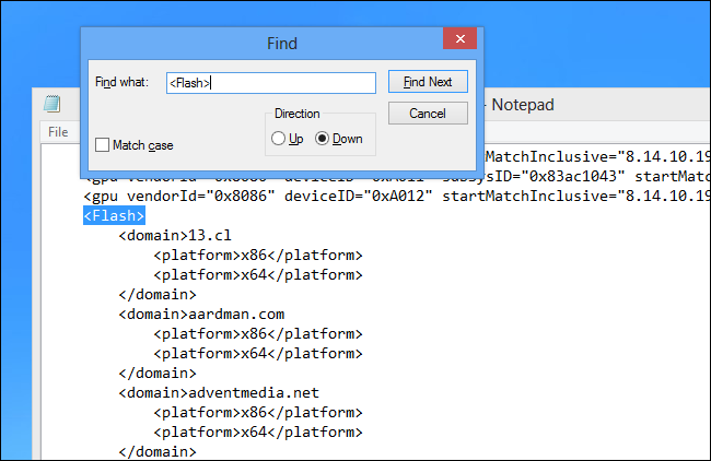 Поиск секции Flash в iecompatdata.xml