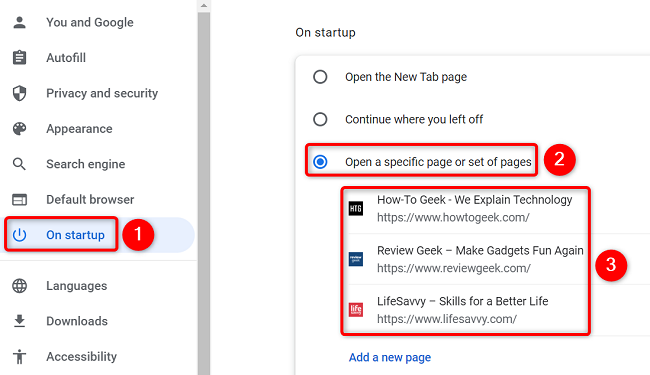 Настройки страницы запуска в Chrome с полем для ввода URL-адресов.