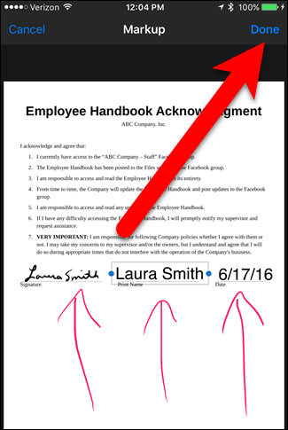 Нажмите Done для завершения пометки PDF