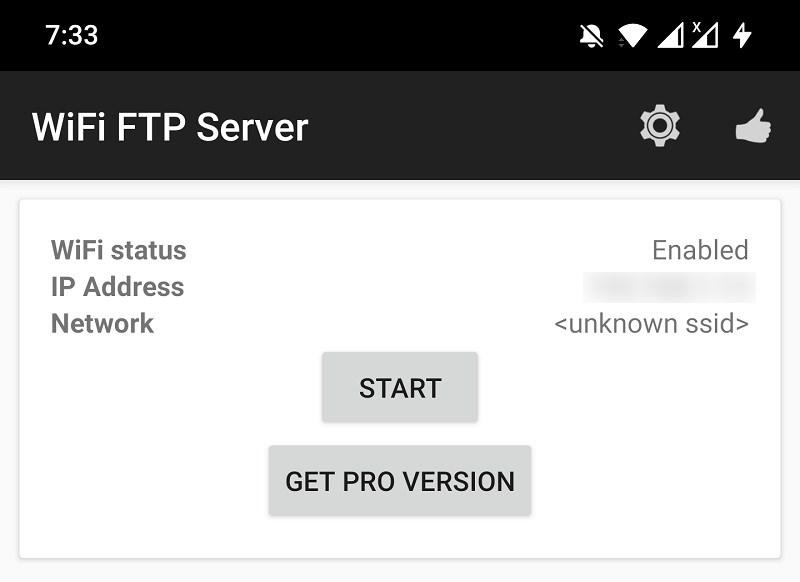 Кнопка запуска FTP сервера в приложении