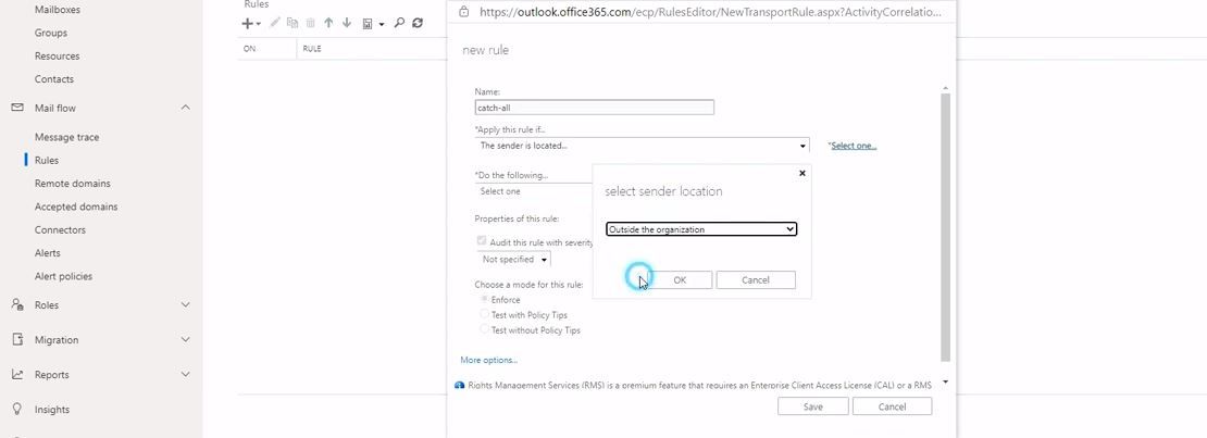 Выбор условий и перенаправления в правиле транспорта