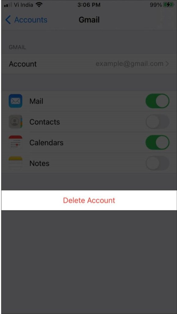 Экран iPhone: кнопка Удалить учётную запись