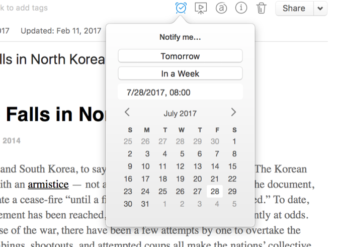 Диалог установки даты напоминания