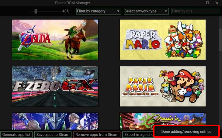 Сообщение о завершении добавления игр в Steam ROM Manager
