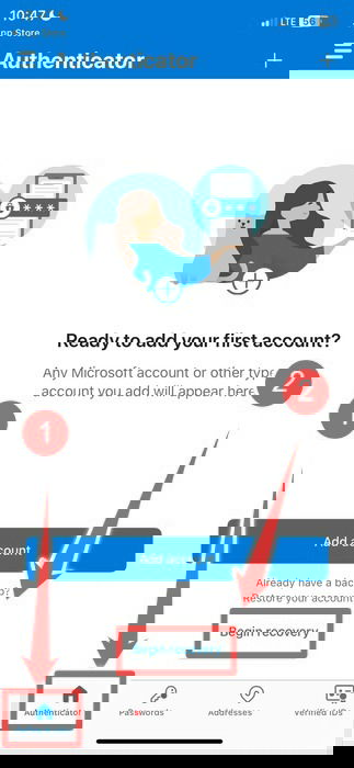 Нажатие Begin Recovery в Microsoft Authenticator на iOS