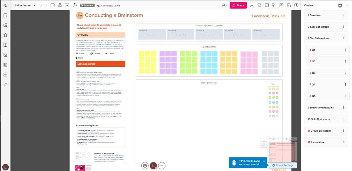 интерфейс Mural с цветными стикерами и таймером