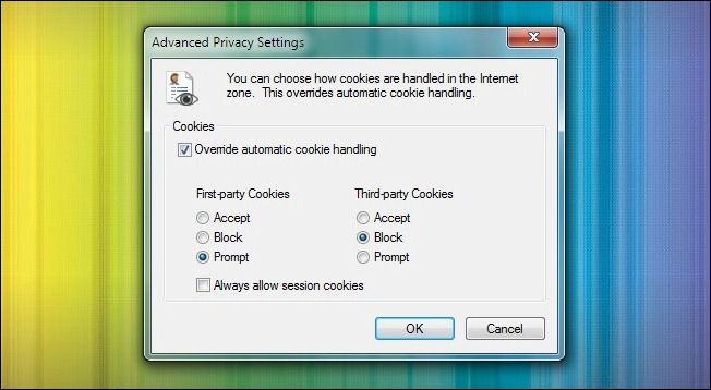 Диалог: расширенные настройки куки в Internet Explorer