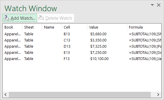 Окно наблюдения с ячейками и формулами