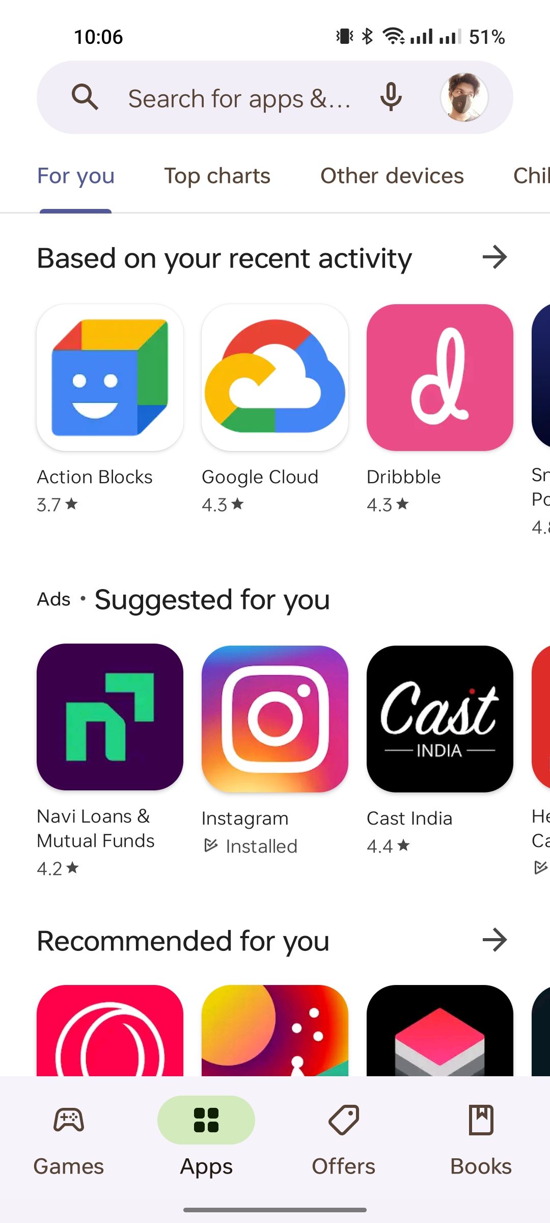 Главная страница Play Store с рекомендованными приложениями