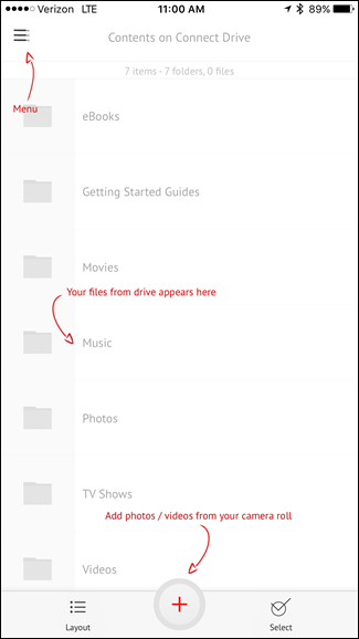 Экран начала работы в приложении SanDisk Connect