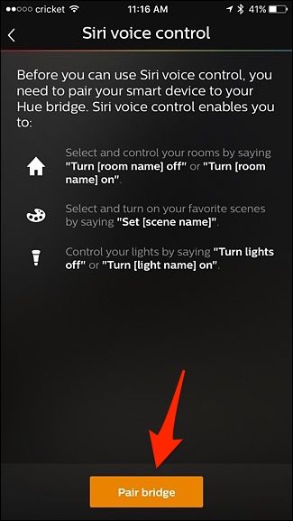 Кнопка привязки Hue Bridge в приложении