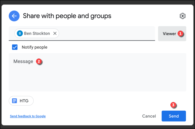 В окне общего доступа выберите роль «Просмотр», при желании добавьте сообщение и нажмите «Отправить», чтобы прислать приглашение.