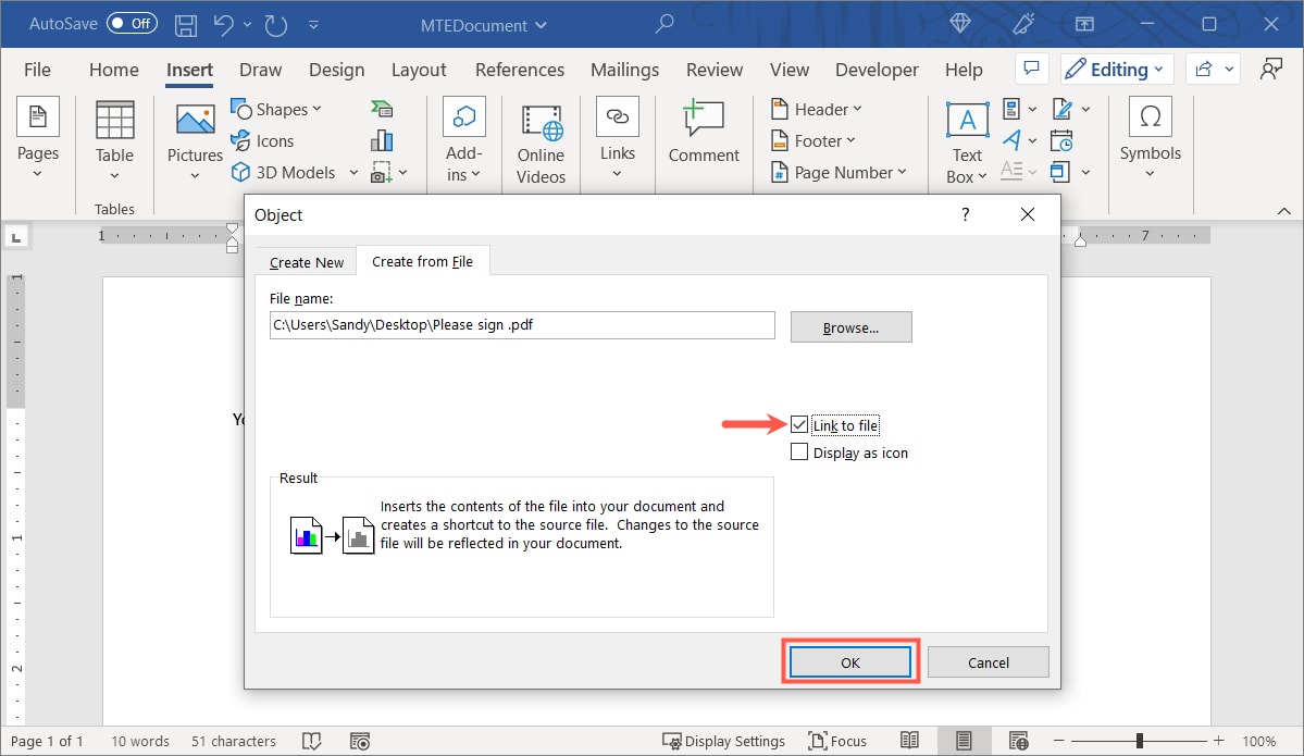 Опция Связать с файлом отмечена