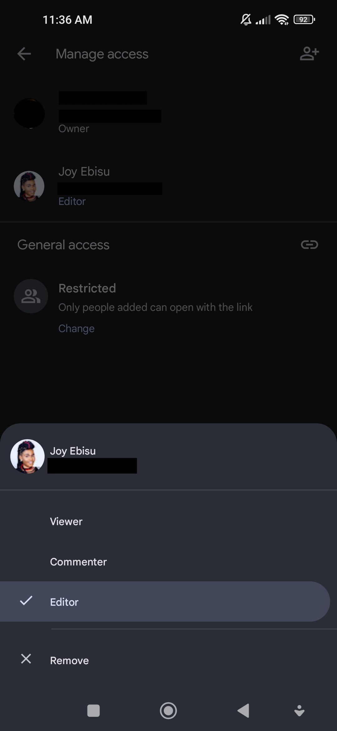 Кнопка удаления доступа в Google Диск