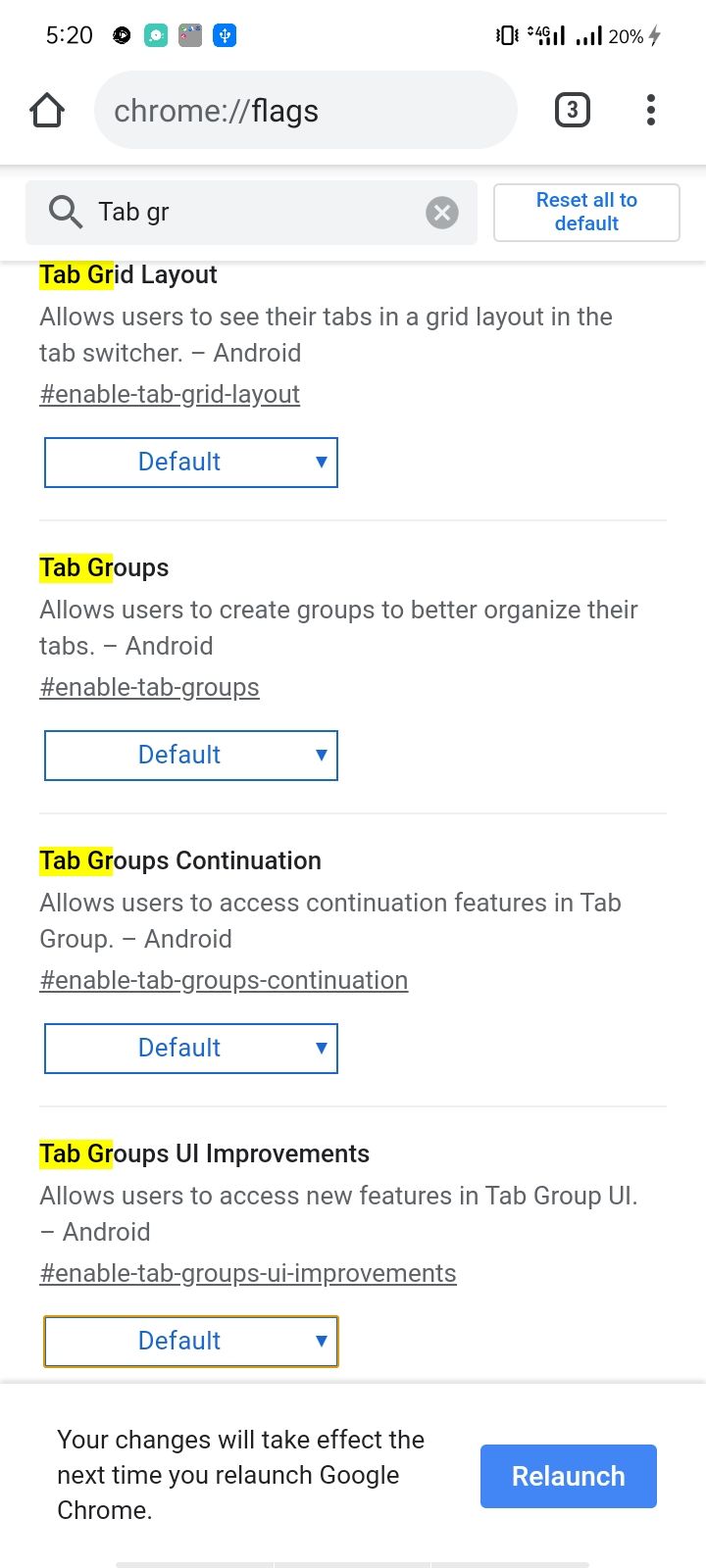Сброс статуса флагов вкладок на странице флагов Chrome