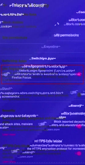 Ativando impressão digital para desbloquear o app Firefox Focus