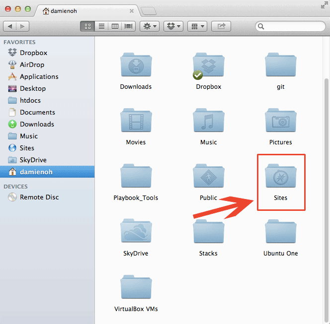 Папка Sites в домашнем каталоге пользователя в Finder
