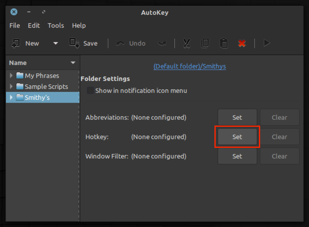 Настройка горячей клавиши для папки с фразами