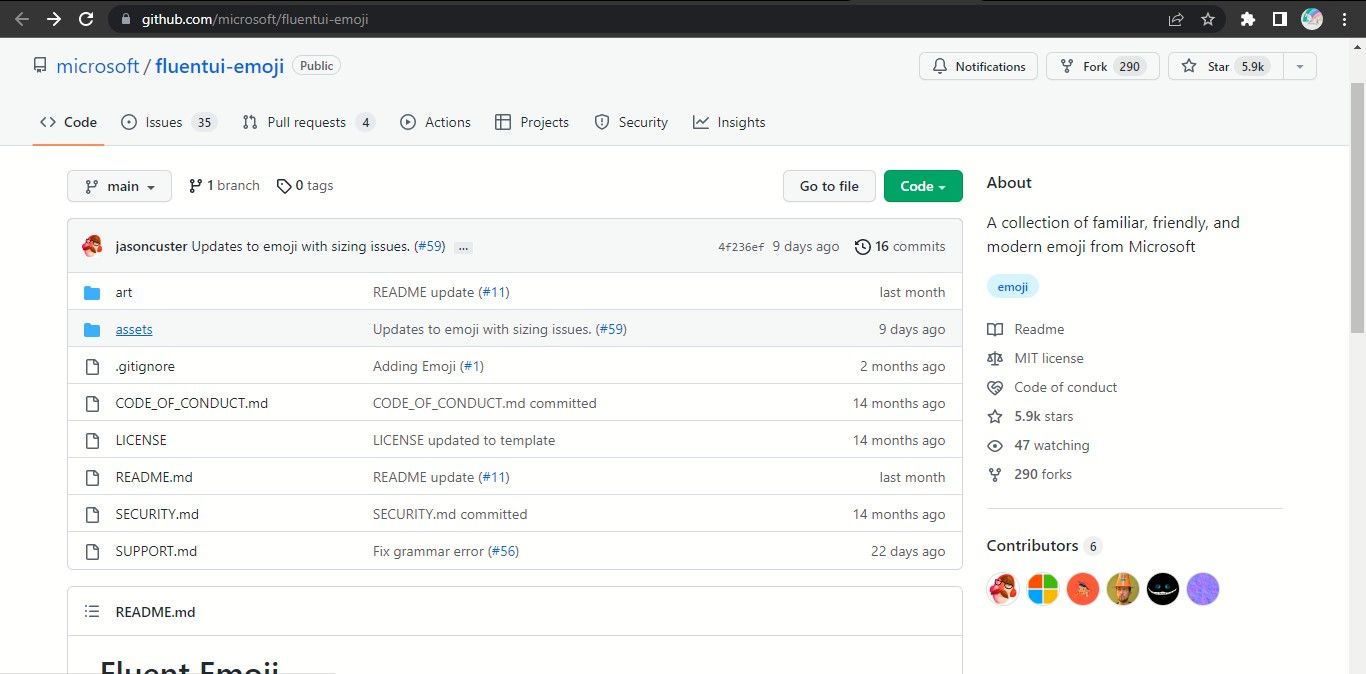 Страница открытого репозитория эмодзи Microsoft на GitHub