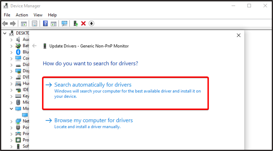 Окно поиска драйверов Windows — 'Автоматический поиск драйверов'