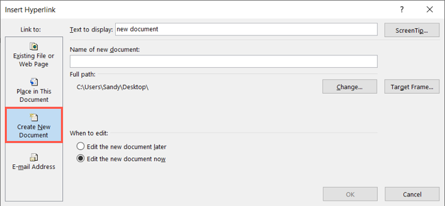 Опция «Создать новый документ» в окне вставки ссылки