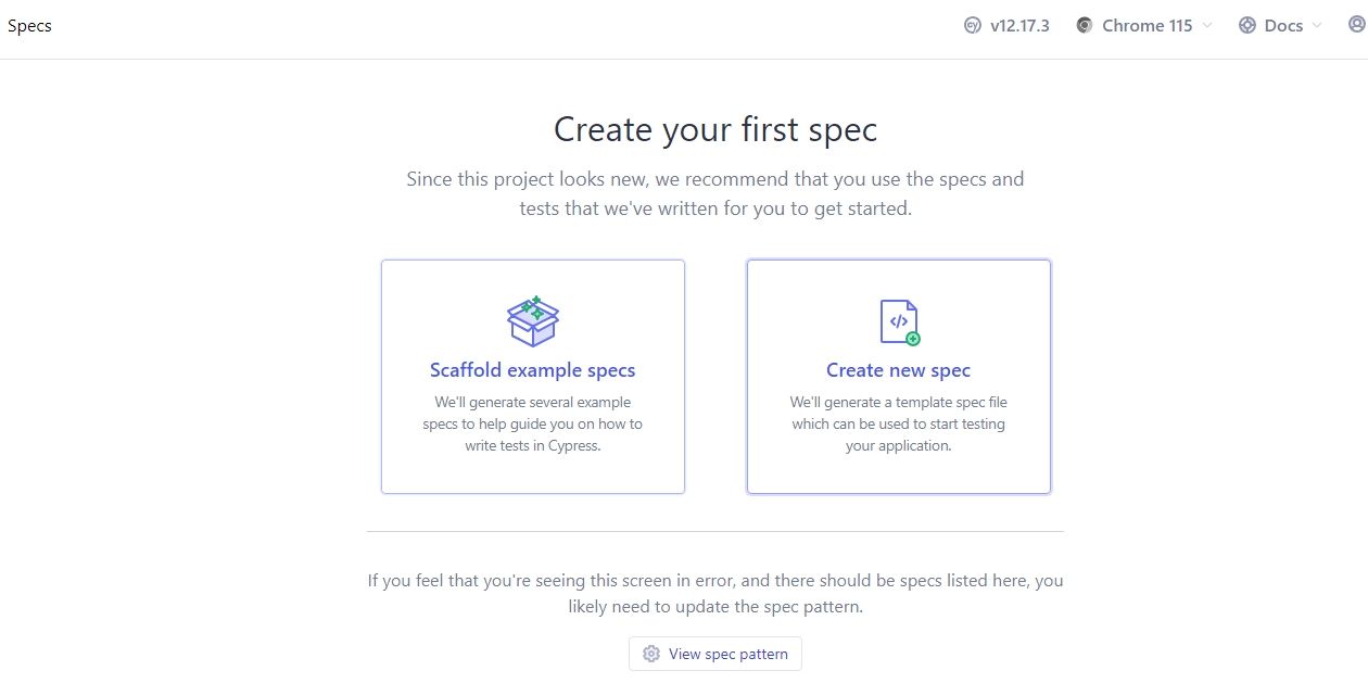 Упрощённый интерфейс браузера Cypress с опциями создания теста