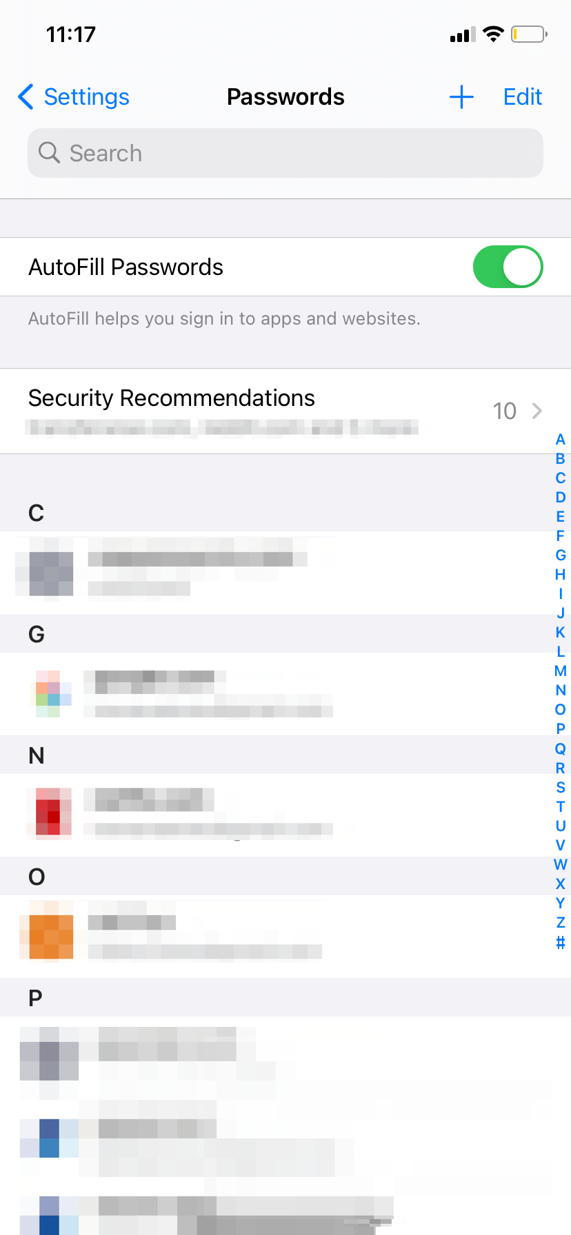Список сохранённых паролей