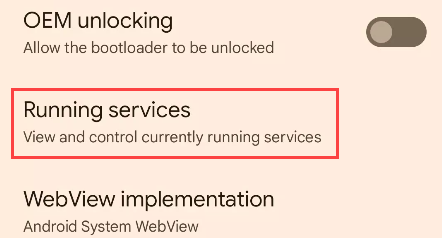 Выбор пункта Запущенные службы в меню Параметры разработчика