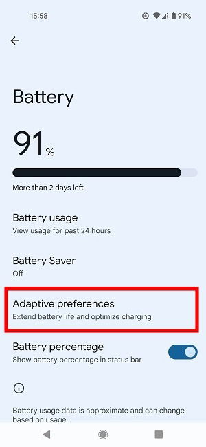 Preferencias adaptativas en ajustes de batería