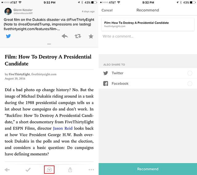 Пример экрана рекомендаций Pocket: кнопка «Рекомендовать» выделена