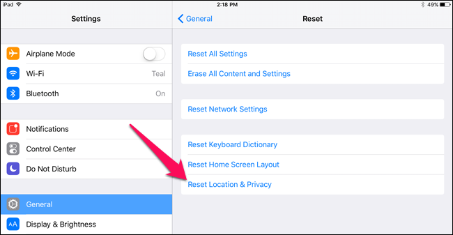 Сброс настроек «Локация и Конфиденциальность» в iOS