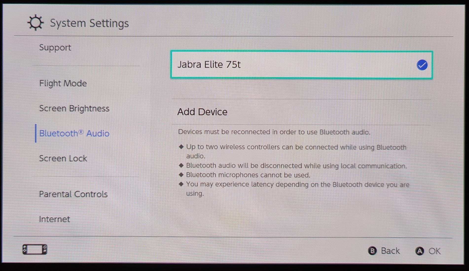 Экран Switch с параметрами Bluetooth и выделенным подключенным устройством