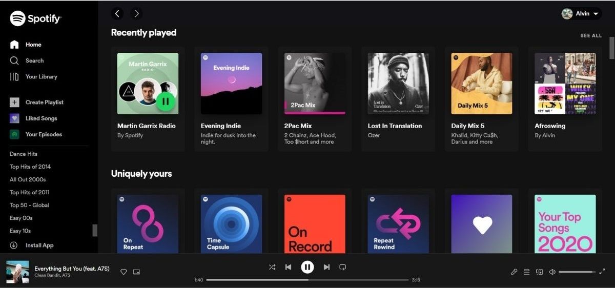 Секция «Недавно прослушанное» в веб‑плеере Spotify