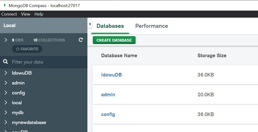 Кнопка CREATE DATABASE в MongoDB Compass