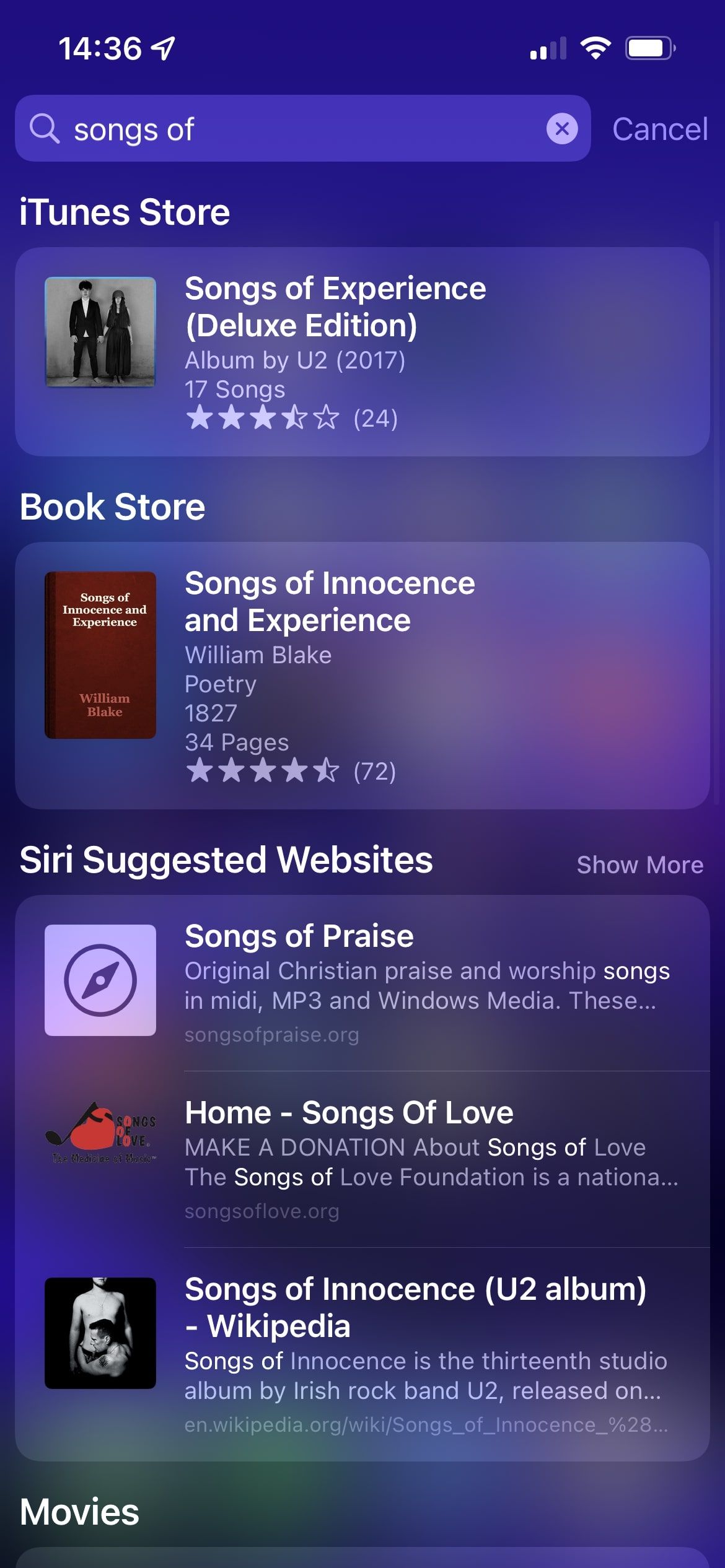 Результаты поиска музыки в Spotlight