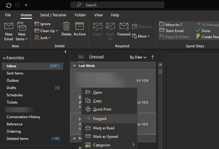 Кнопки пересылки в Outlook на ленте