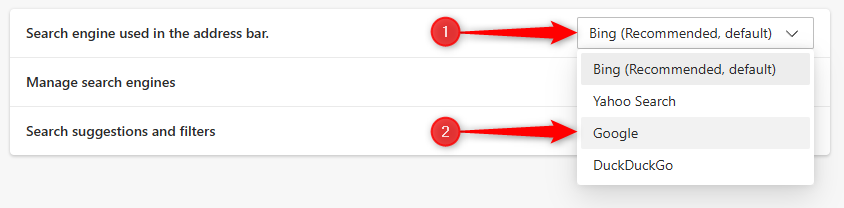 Выбор поисковой системы для адресной строки в Edge.