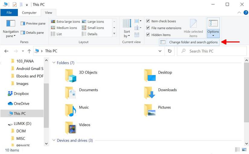 Изменение параметров папок в Проводнике Windows