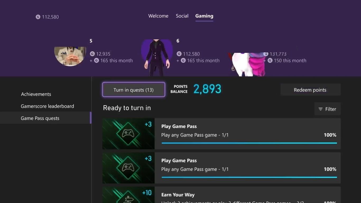 Скриншот меню Xbox Game Pass Quests с выделенной кнопкой Сдать задания
