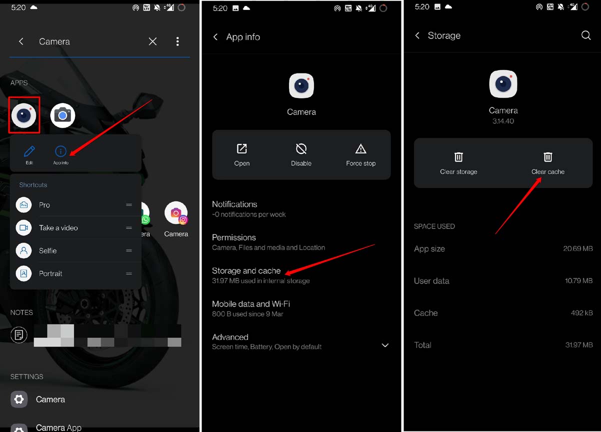 Vider le cache de l'application appareil photo