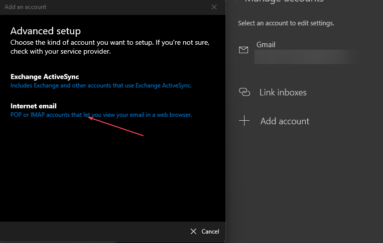 Выбор расширенной настройки учётной записи