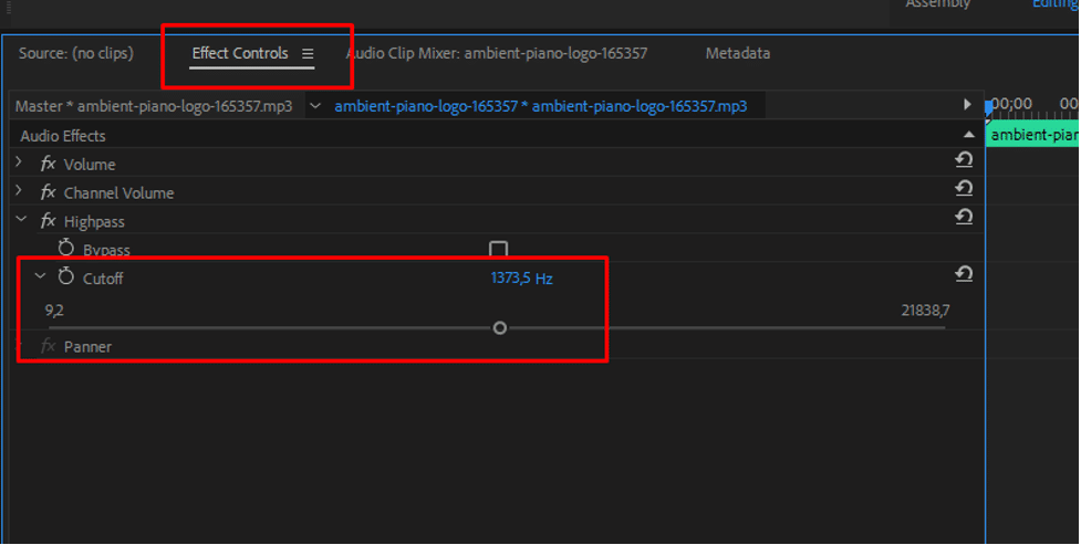 Настройка пороговой частоты High‑Pass в Effect Controls