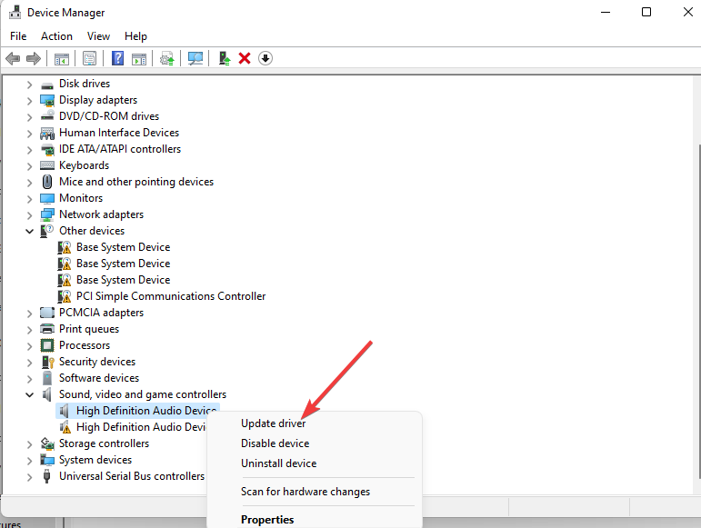 Контекстное меню аудиодрайвера с пунктом «Обновить драйвер»