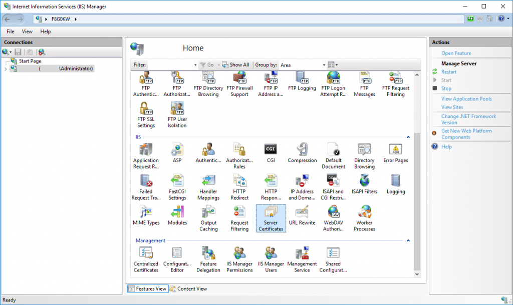 Окно Server Certificates в IIS Manager